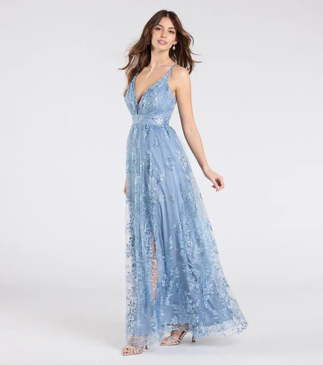 Sparkle & Shine A-Line V Neck Sleeveless Crisscross Back Floor-length Prom Dress